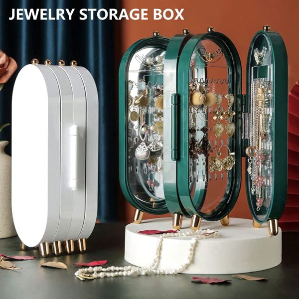 Foldable Jewelry Organizer Box with Mirror – Dustproof Storage Case & Metal Display Stand for Earrings, Necklaces, Bracelets (Random Color)